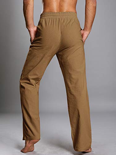 HOEREV Men Casual Beach Trousers linen Summer Pants, Beige, X
