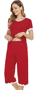 NACHILA Pajamas Set for Women Soft Bamboo Sleepwear Short Sleeve Pjs Top with Capri Pants Nightwear Wine Red L