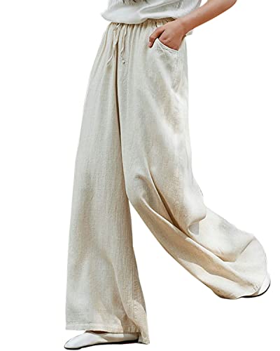 Womens Cotton Linen Summer Drawstring Waist Wide Leg Casual Loose Palazzo  Pants - Đức An Phát