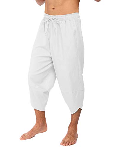 qucoqpe Men's Baggy Linen Capri Pants, Fashion Cotton Lined Harem Pants  with Pockets Casual Loose Fit Drawstring Wide Leg Yoga Long Shorts Sports  Trousers 
