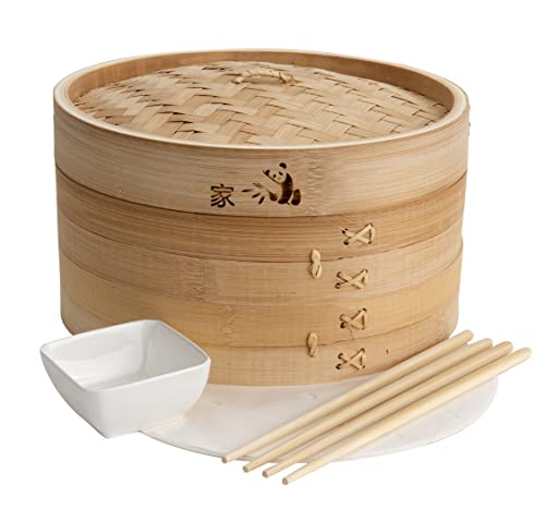 Prime Home Direct Bamboo Steamer Basket 12-inch | 2-Tier Steamer for  Cooking | 50 Liners, Chopsticks, Sauce Dish | Dumpling Steamer, Food  Steamer
