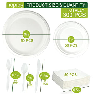 hapray 300PCS Compostable Paper Plates Set, Biodegradable Heavy Duty Plates and Utensils, Eco Friendly Disposable Cutlery, Dinnerware for Party Camping Picnic Made of Plant Fibers