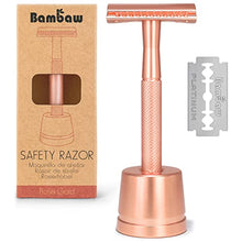 Load image into Gallery viewer, Bambaw Rose Gold Double Edge Safety Razor with Stand for Women | Reusable Metal Razor Eco Friendly DE Razor | Safety Razors Fit All Double Edge Razor | Womens Safety Razor | One Blade Metal Razor

