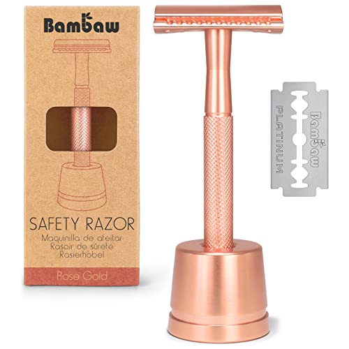 Bambaw Rose Gold Double Edge Safety Razor with Stand for Women | Reusable Metal Razor Eco Friendly DE Razor | Safety Razors Fit All Double Edge Razor | Womens Safety Razor | One Blade Metal Razor