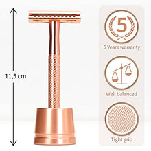 Load image into Gallery viewer, Bambaw Rose Gold Double Edge Safety Razor with Stand for Women | Reusable Metal Razor Eco Friendly DE Razor | Safety Razors Fit All Double Edge Razor | Womens Safety Razor | One Blade Metal Razor
