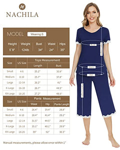 NACHILA Pajamas Set for Women Soft Bamboo Sleepwear Short Sleeve Pjs Top with Capri Pants Nightwear Wine Red L